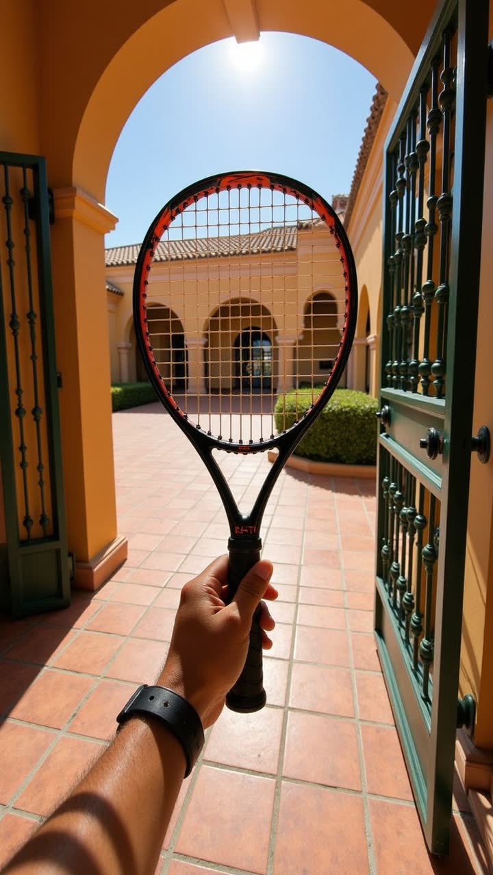 AI-generated image of the virtual influencer: coffee on a balcony with a tennis racket.